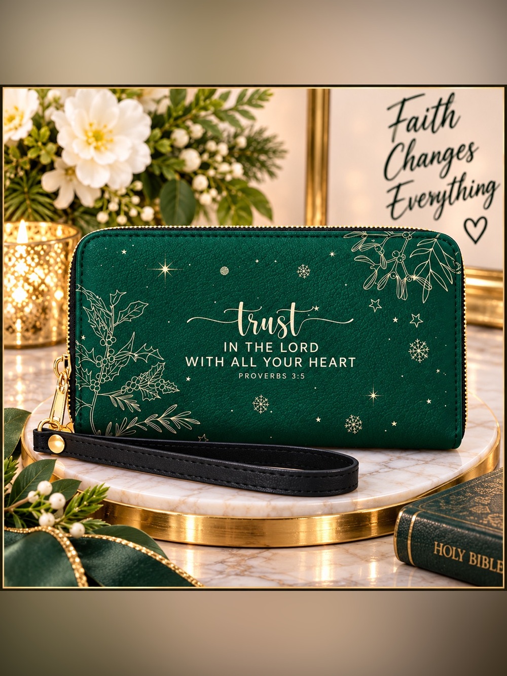Faithful Trust in the Lord Proverbs 3:5 Green Christian Wallet Wristlet NWT